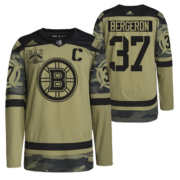Men's Boston Bruins #37 Patrice Bergeron 2022 Camo Military Appreciation Night Stitched